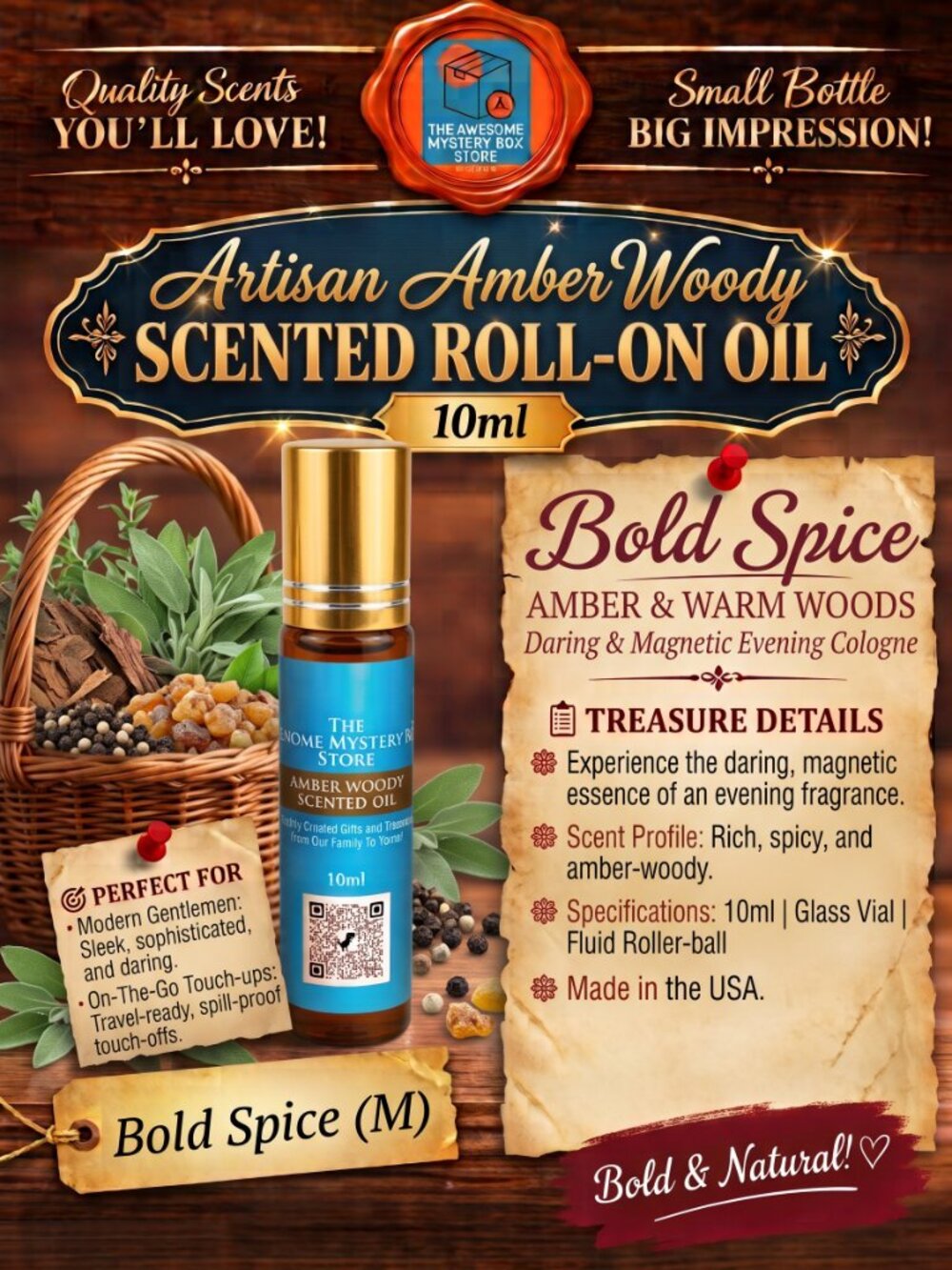 Artisan Amber Woody Scented Oil 10ml Glass Roll-On Bold Spice (M) | Made in USA - Picture 6 of 6
